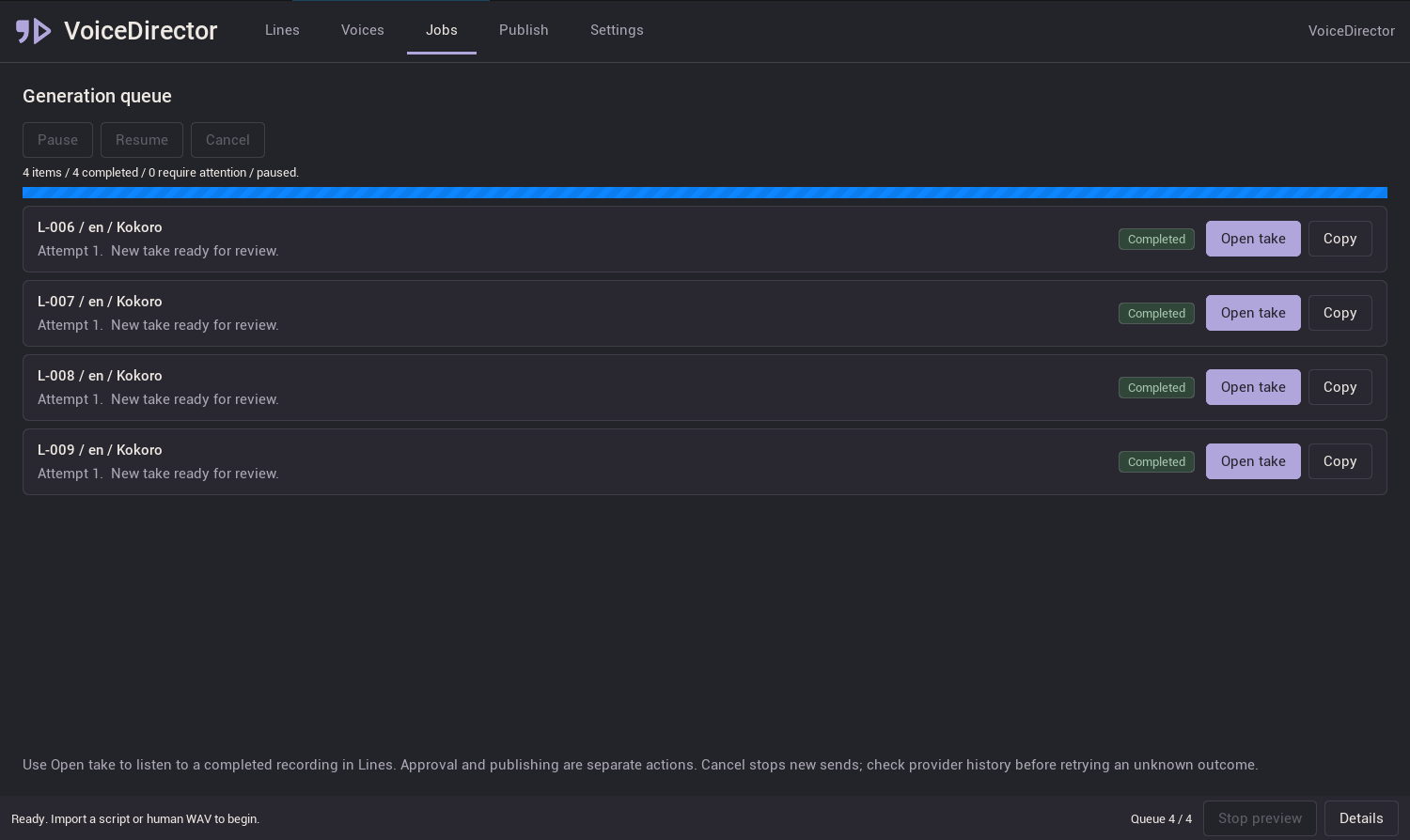 Jobs: completed generation tasks and Open take buttons.