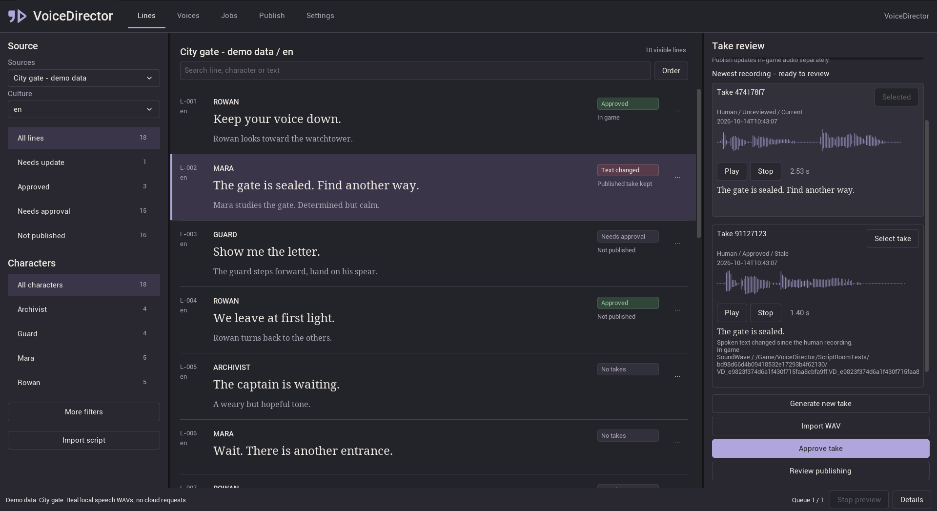 Lines: the script, filters and take review with real audio waveforms.