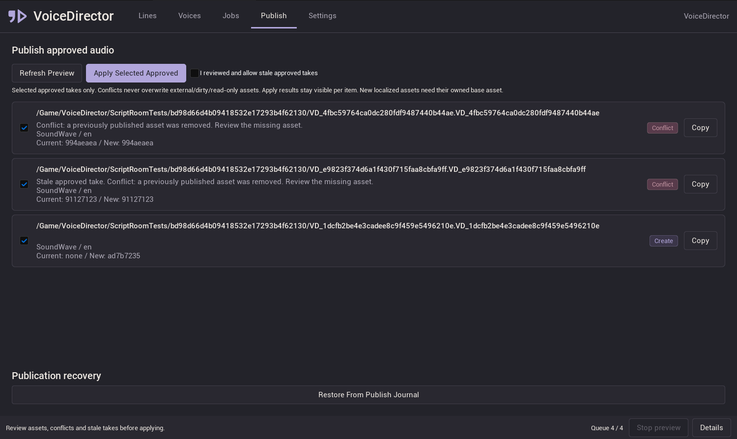 Publish: preview of asset changes, including conflicts that need attention.