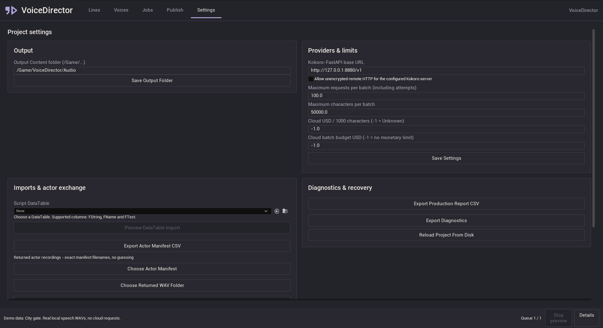 Settings: connection, output folder, import and generation preferences.