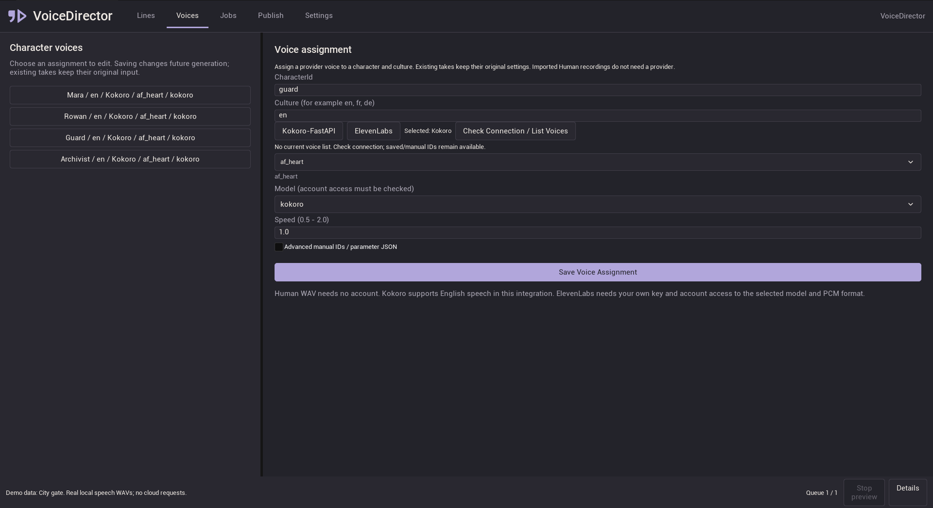 Voices: provider catalogs and voice assignments for a character and language.